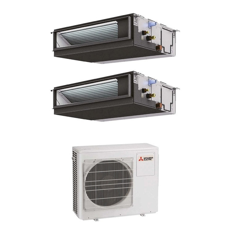 Mitsubishi 2-fach-Split-Klimagerät Kanalgerät mittlere Pressung Gewerbe, Inverter – Außengerät R32 7,2 kW, Innengeräte 12000+12000 BTU MXZ-4F72VF+PEAD-M[35|35]JA2