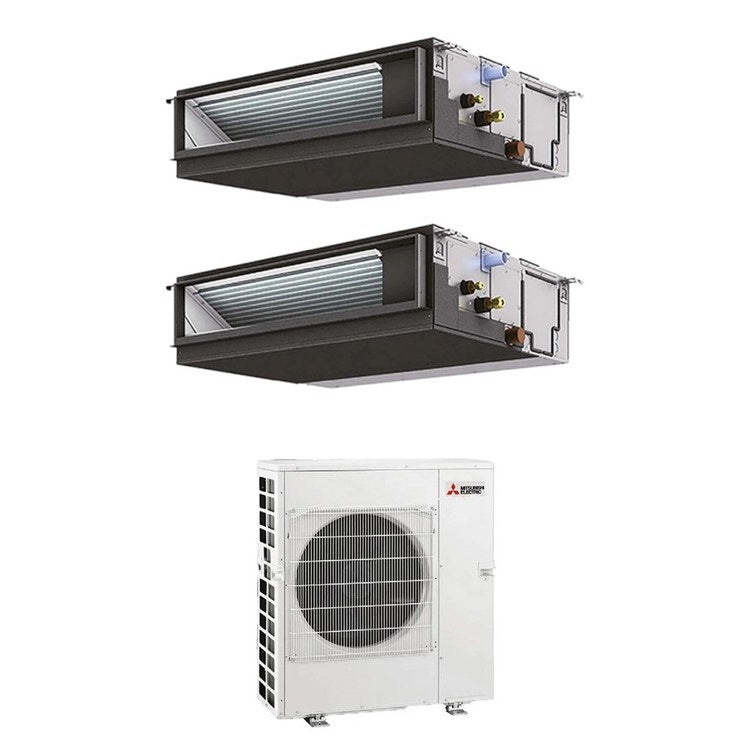 Mitsubishi 2-fach-Split-Klimagerät Kanalgerät mittlere Pressung Gewerbe, Inverter – Außengerät R32 8,3 kW, Innengeräte 24000+24000 BTU MXZ-4F83VFHZ+PEAD-M[71|71]JA2