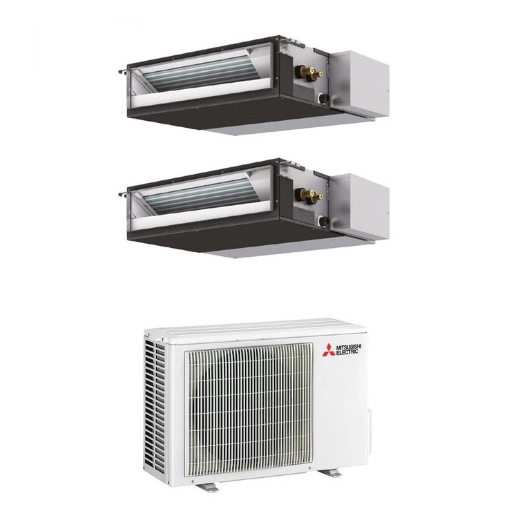 Mitsubishi 2-fach-Split-Klimagerät SEZ-M Kanalgerät kompakt, Inverter – Außengerät R32 4,2 kW, Innengeräte 9000+12000 BTU MXZ-2F42VF+SEZ-M[25|35]DA2