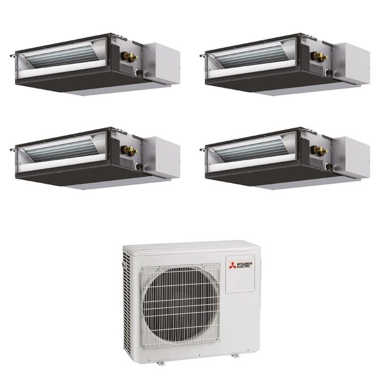 Mitsubishi 4-fach-Split-Klimagerät SEZ-M Kanalgerät kompakt, Inverter – Außengerät R32 7,2 kW, Innengeräte 9000+9000+12000+12000 BTU MXZ-4F72VF+SEZ-M[25|25|35|35]DA2