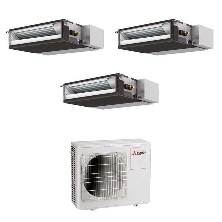 Mitsubishi 3-fach-Split-Klimagerät SEZ-M Kanalgerät kompakt, Inverter – Außengerät R32 6,8 kW, Innengeräte 9000+9000+21000 BTU MXZ-3F68VF+SEZ-M[25|25|60]DA2