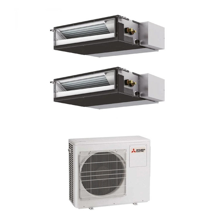 Mitsubishi 2-fach-Split-Klimagerät SEZ-M Kanalgerät kompakt, Inverter – Außengerät R32 8 kW, Innengeräte 12000+18000 BTU MXZ-4F80VF+SEZ-M[35|50]DA2