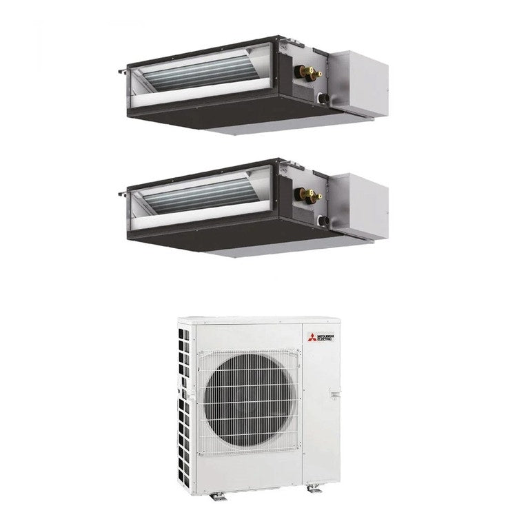 Mitsubishi 2-fach-Split-Klimagerät SEZ-M Kanalgerät kompakt, Inverter – Außengerät R32 8,3 kW, Innengeräte 9000+12000 BTU MXZ-4F83VFHZ+SEZ-M[25|35]DA2