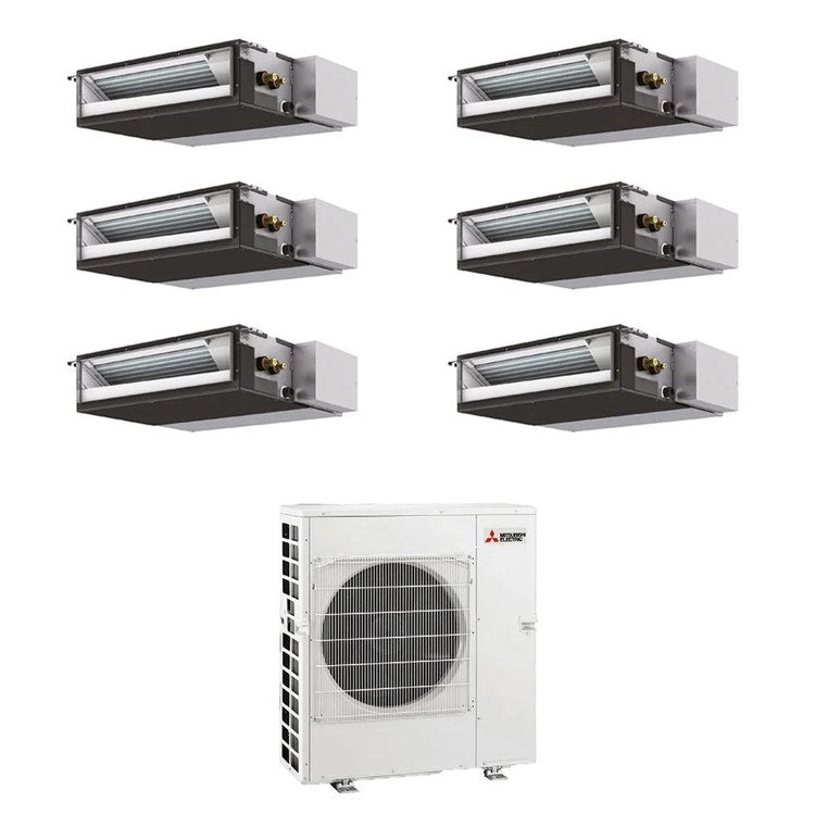 Mitsubishi 6-fach-Split-Klimagerät SEZ-M Kanalgerät kompakt, Inverter – Außengerät R32 12 kW, Innengeräte 9000+9000+9000+9000+9000+12000 BTU MXZ-6F120VF+SEZ-M[25|25|25|25|25|35]DA2