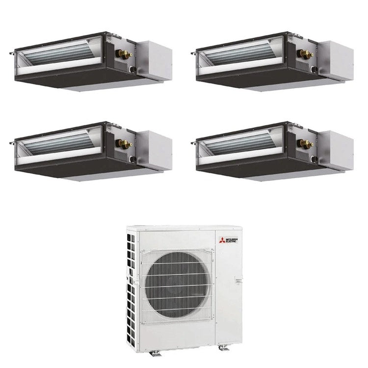 Mitsubishi 4-fach-Split-Klimagerät SEZ-M Kanalgerät kompakt, Inverter – Außengerät R32 12 kW, Innengeräte 9000+9000+12000+18000 BTU MXZ-6F120VF+SEZ-M[25|25|35|50]DA2