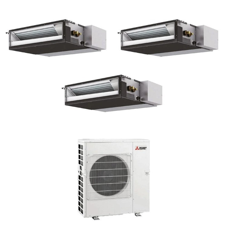 Mitsubishi 3-fach-Split-Klimagerät SEZ-M Kanalgerät kompakt, Inverter – Außengerät R32 8,3 kW, Innengeräte 9000+18000+21000 BTU MXZ-4F83VFHZ+SEZ-M[25|50|60]DA2