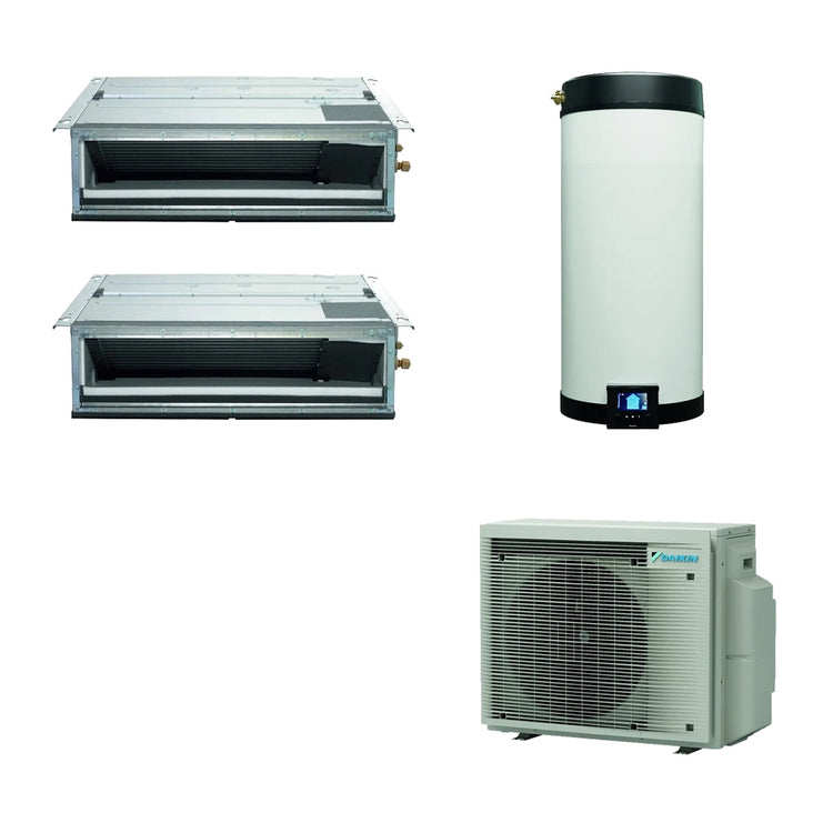 Daikin Multi+ System für Kühlung, Heizung und Warmwasser mit 120-Liter-Speicher, Außengerät 5,2 kW, Innengeräte 9000+9000 4MWXM52A+EKHWET120BV3+2FDXM25F9