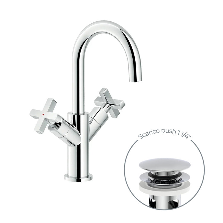 Nobili Zweigriff-Waschtischmischer H. 28 cm, mit 1 1/4” Push-Ablauf, Chromoberfläche LIRA LR116218/2CR