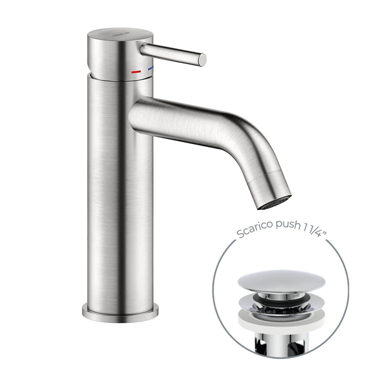 Nobili Einhandmischer H. 18 cm für Waschbecken, mit 1 1/4” Push-Ablauf, gebürstete Edelstahloberfläche LIVE LV00118/16IX