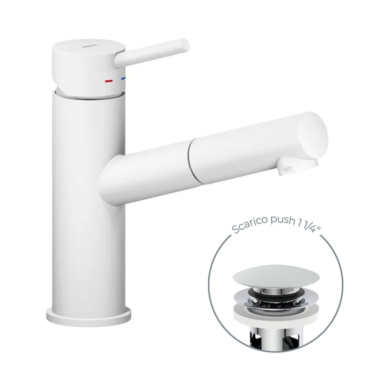 Nobili Einhebel-Waschtischmischer mit ausziehbarer Brause, mit 1 1/4 Zoll Push-Abfluss, Polarweiß Finish LIVE LV00118/40WM