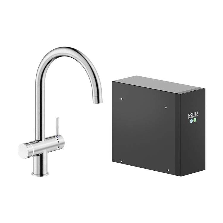 Nobili Elektronische Zweigriffmischarmatur mit Kühl- und Sprudelsystem H. 39 cm, mit schwenkbarer Auslauf, gebürstete Edelstahloberfläche SORGENTE FRIZZA LV0K133/EFRIX