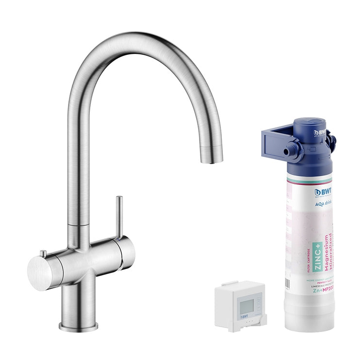 Nobili Zweigriffmischer mit Filtersystem H. 39 cm, mit drehbarem Auslauf, gebürstete Edelstahloberfläche SORGENTE FILTRA LV129133/3VBIX