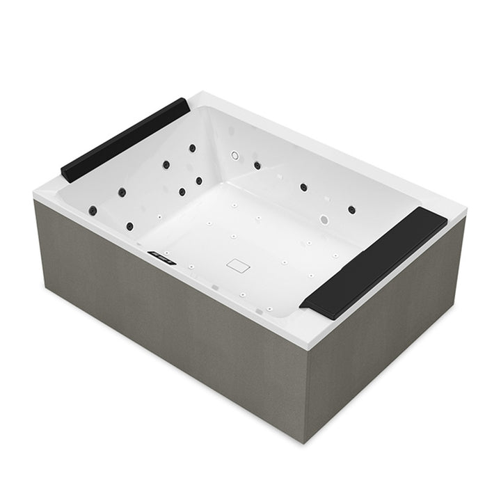 Novellini Außen-Whirlpool mit Hydromassage, chromolicht+Bluetooth-Audio, L. 190 T. 140 H. 75, für 2 Personen, Sitz und Kopfstütze schwarz, Wanne weiß glänzend DIVINA M SPA PLUS DOM4O6-A0H