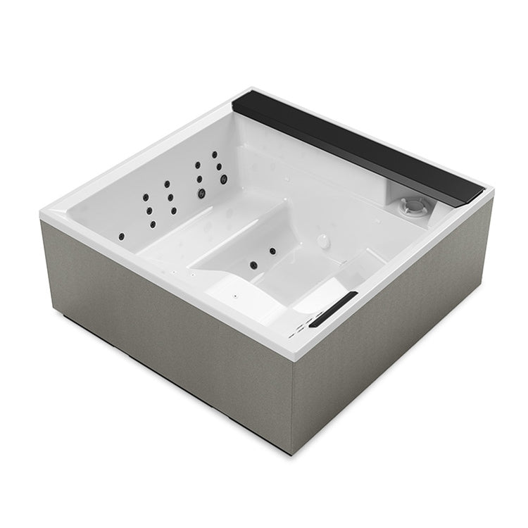 Novellini Außen-Whirlpool-Minikörper mit Hydromassage, Chromolicht+Bluetooth-Audio+Aquaclean-Reinigung (UV+Ozon), L. 200 B.200 H. 85, für 4 Personen, Sitzfarbe schwarz, Wannenfarbe weiß, Hochglanz-Finish DIVINA XL SPA DOXL5O9-W10H