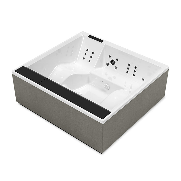 Novellini Außen-Whirlpool-Minipool mit Chromolight+Bluetooth-Audio+Aquaclean-Reinigung (UV+Ozon), L. 230 B.215 H. 85, für 6 Personen, Sitzfarbe schwarz, Beckenfarbe weiß, glänzende Ausführung DIVINA XXL SPA DOXXL5O9-W10H