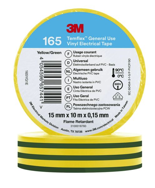 3M Temflex Isolierband 165 Grün/Gelb 15mmx10m -Art.7100222491