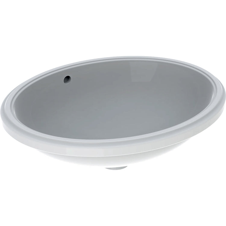 Geberit Ovales Unterbau-Waschbecken zum Einbau L. 56 cm, ohne Armaturenloch, mit Überlauf, Weiß, glänzende Oberfläche VARIFORM 500.752.01.2