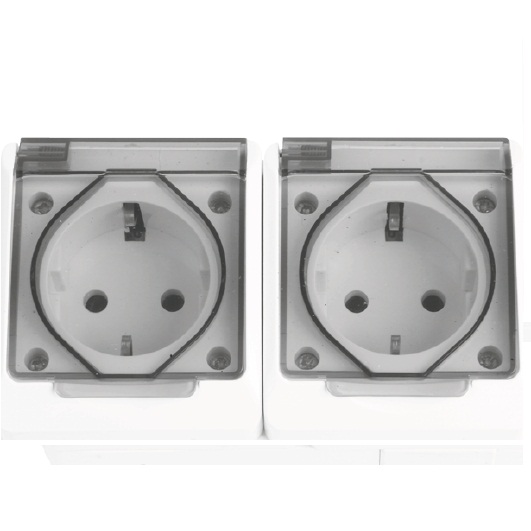 Novelite Aufputz-Doppelsteckdose Schuko mit Klappdeckel 16 A, IP54, weiß