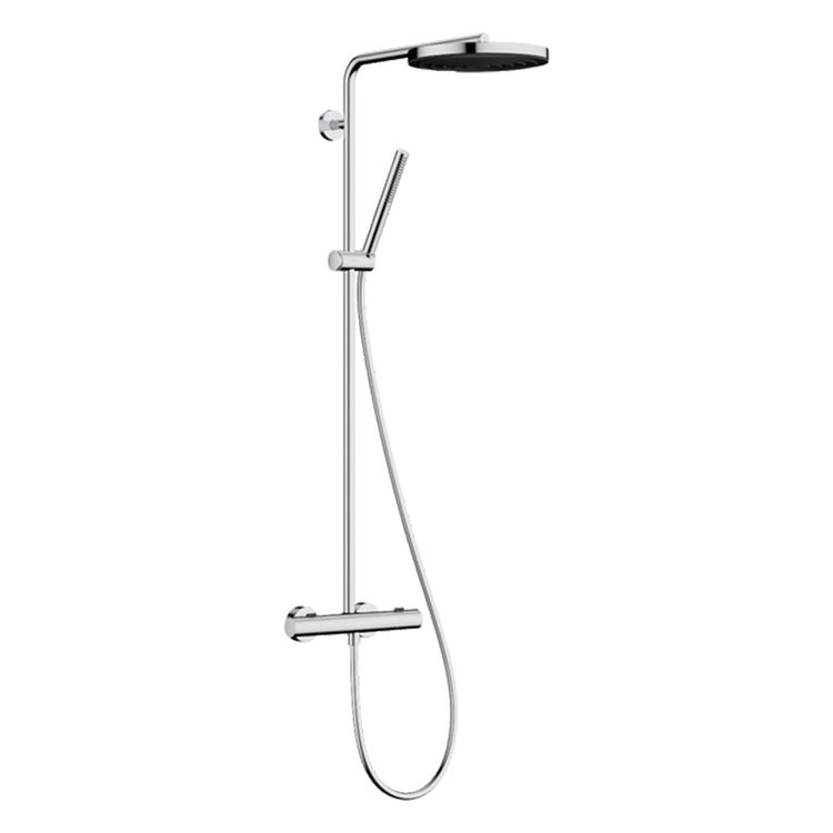 Hansgrohe Duschsystem mit rundem Duschkopf, Handbrause, thermostatischem Ecostat Fine, Duschstange, Schieber und Schlauch, Chromfinish PULSIFY S PURO 24223000
