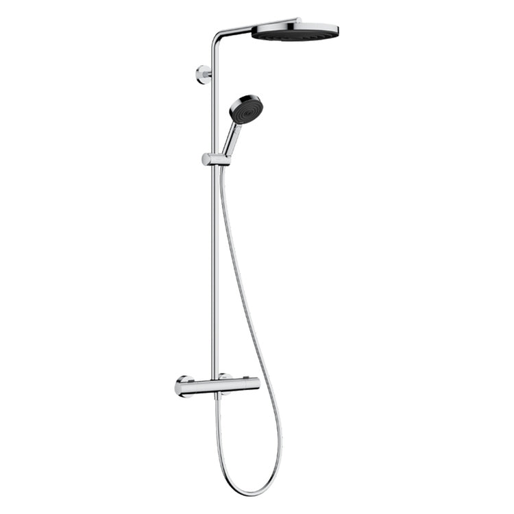 Hansgrohe Duschsystem mit rundem Duschkopf, Handbrause, Ecostat Fine Thermostat, Duschstange, Schieber und Schlauch, Chromoberfläche PULSIFY S PURO 24237000