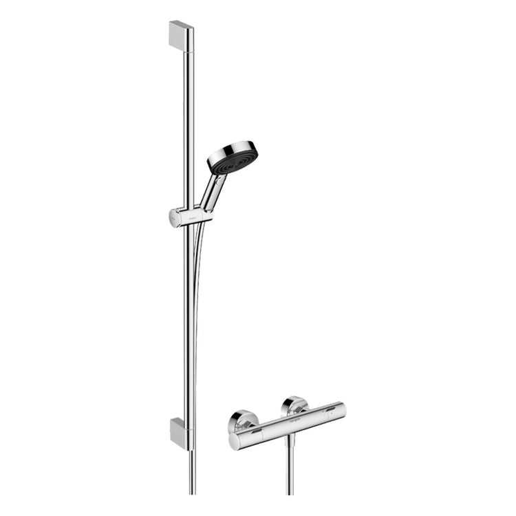 Hansgrohe Duschsäule mit Ecostat Fine Armatur, mit Handbrause, Duschstange H. 96 cm, Schieber und Duschschlauch, Chromoberfläche PULSIFY SELECT S 24261000
