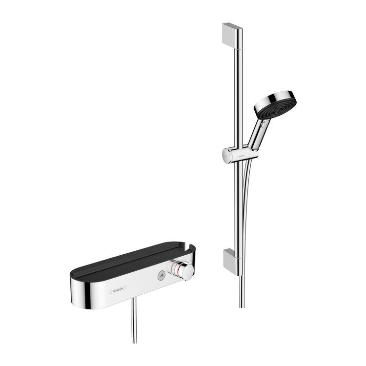 Hansgrohe Duschsystem 105, 3 Strahlen, Relax mit Handbrause, thermostatisch, Duschstange 67 cm, Schieber und Schlauch, Chromoberfläche PULSIFY SELECT 24260000