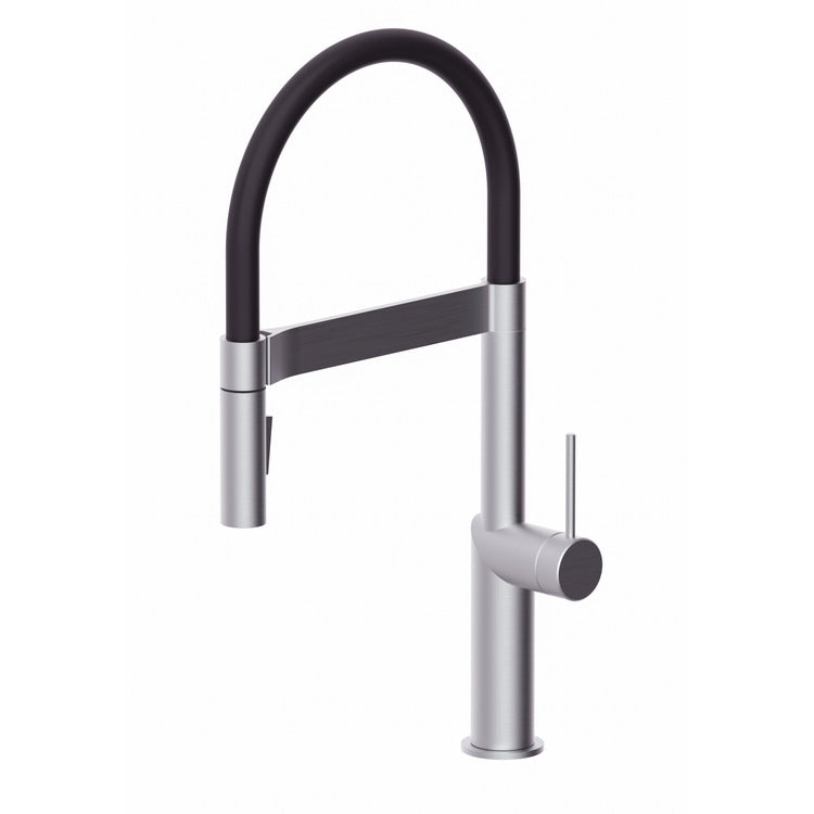 Rubinetteria Paffoni Einloch-Profimischer H. 47,5 cm für Waschbecken, mit schwenkbarem Auslauf und 2-Strahl-Dusche, Edelstahloberfläche INOX TECH INOX179AC