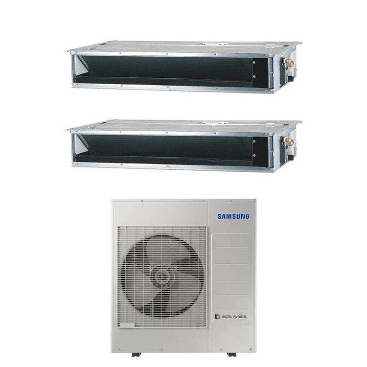 Samsung 2-fach-Split-Klimagerät Kanalgerät niedrige/mittlere Pressung, Inverter – Außengerät R32 10 kW, Innengeräte 9000+9000 BTU AJ100TXJ5KG/EU+AJ0[26|26]TNLPEG