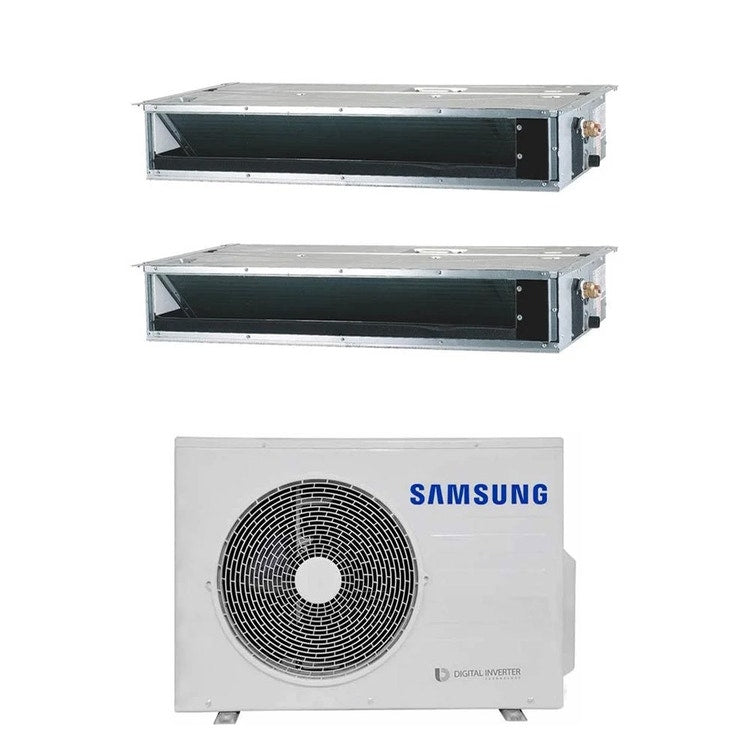 Samsung 2-fach-Split-Klimagerät Kanalgerät niedrige/mittlere Pressung, Inverter – Außengerät R32 5,2 kW, Innengeräte 9000+12000 BTU AJ052TXJ3KG/EU+AJ0[26|35]TNLPEG