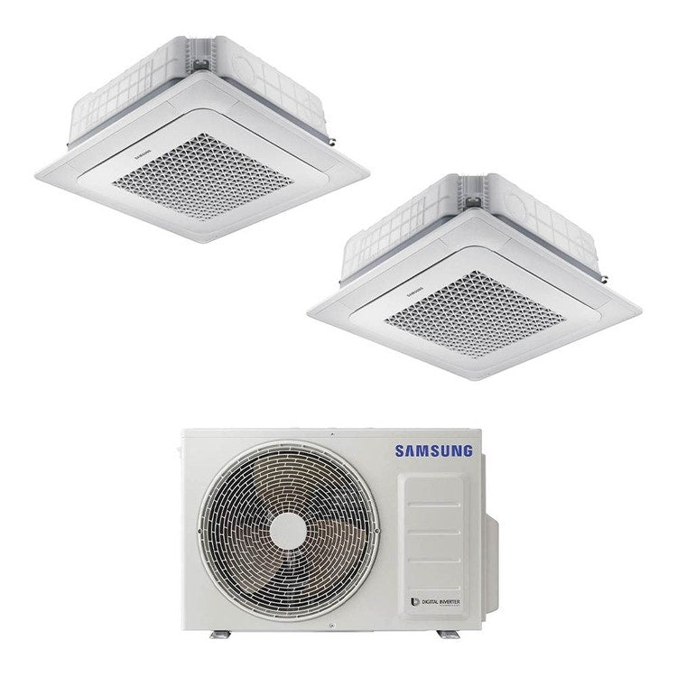 Samsung 2-fach-Split-Klimagerät 4-Wege-Kassette Mini WindFree, Inverter, Weiß – Außengerät R32 5 kW, Innengeräte 9000+9000 BTU AJ050TXJ2KG/EU+AJ0[26|26]TNNDKG/EU