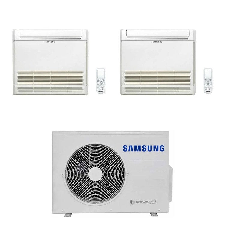 Samsung 2-fach-Split-Klimagerät Konsole, Truhengerät, Inverter, Weiß – Außengerät R32 5,2 kW, Innengeräte 9000+9000 BTU AJ052TXJ3KG/EU+AJ0[26|26]TNJDKG/EU