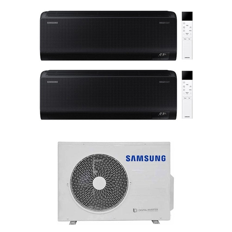 Samsung 2-fach-Split-Klimagerät WINDFREE BLACK, Wandgerät, Inverter, WLAN, Schwarz – Außengerät R32 5,2 kW, Innengeräte 7000+9000 BTU AJ052TXJ3KG/EU+AR70F[07|09]C1ABNEU