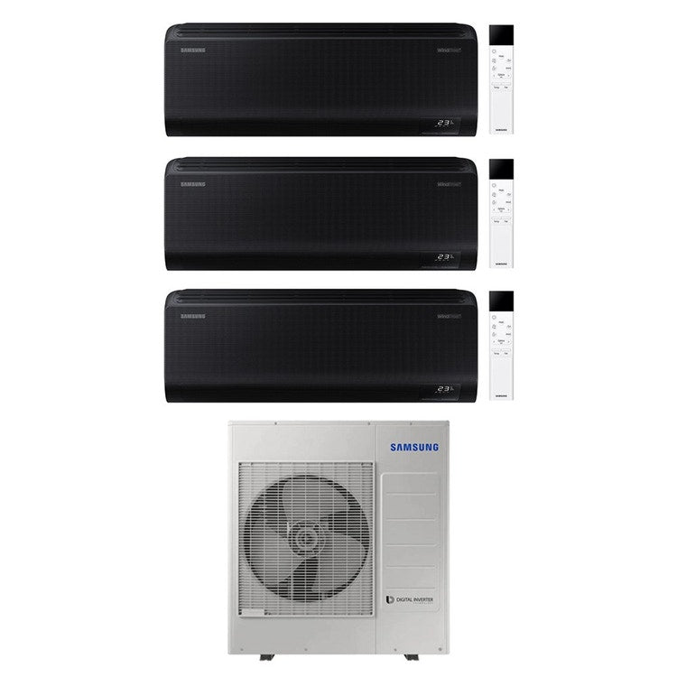 Samsung 3-fach-Split-Klimagerät WINDFREE BLACK, Wandgerät, Inverter, WLAN, Schwarz – Außengerät R32 10 kW, Innengeräte 7000+12000+12000 BTU AJ100TXJ5KG/EU+AR70F[07|12|12]C1ABNEU