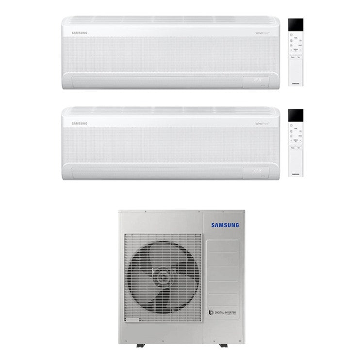 Samsung 2-fach-Split-Klimagerät WINDFREE ELITE S2, Wandgerät, Inverter, WLAN, Weiß – Außengerät R32 10 kW, Innengeräte 7000+7000 BTU AJ100TXJ5KG/EU+AR70F[07|07]CAAWNEU