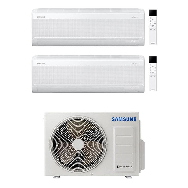 Samsung 2-fach-Split-Klimagerät WINDFREE ELITE S2, Wandgerät, Inverter, WLAN, Weiß – Außengerät R32 5 kW, Innengeräte 7000+7000 BTU AJ050TXJ2KG/EU+AR70F[07|07]CAAWNEU