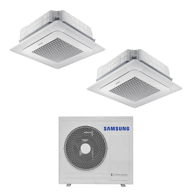 Samsung 2-fach-Split-Klimagerät 4-Wege-Kassette Mini WindFree, Inverter, Weiß – Außengerät R32 8 kW, Innengeräte 18000+18000 BTU AJ080TXJ4KG/EU+AJ0[52|52]TNNDKG/EU