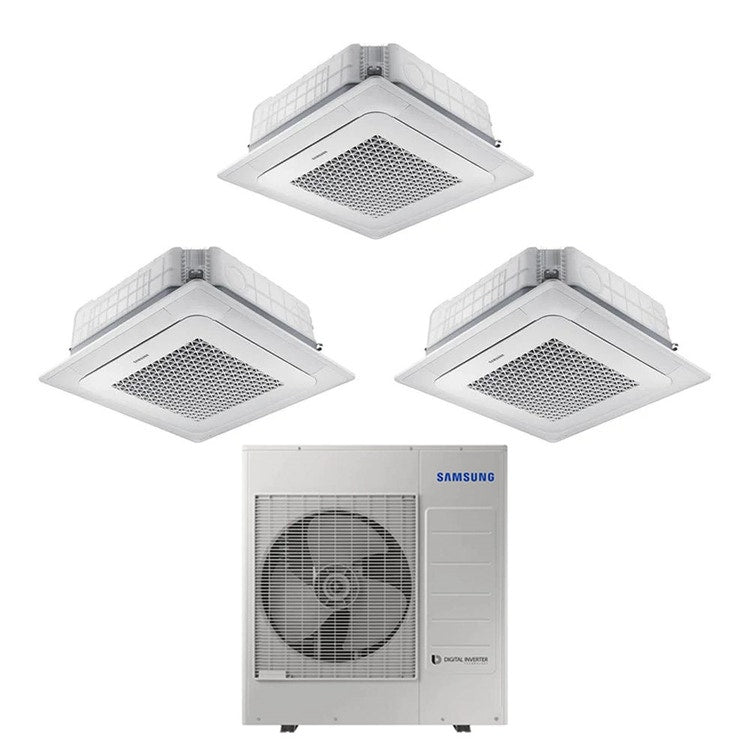Samsung 3-fach-Split-Klimagerät 4-Wege-Kassette Mini WindFree, Inverter, Weiß – Außengerät R32 10 kW, Innengeräte 18000+18000+18000 BTU AJ100TXJ5KG/EU+AJ0[52|52|52]TNNDKG/EU