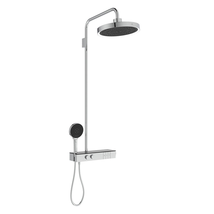 Ideal Standard Duschsäule mit rundem Duschkopf 22 cm und LED-Licht, Handbrause, Halterung, integrierte XXL-Ablage und 175 cm Schlauch, ohne Unterputzkörper, Chromoberfläche SOLOS A7883AA