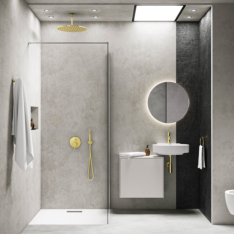 Ideal Standard Komplettbadlösung, hängende Sanitäranlagen, Waschbecken mit Unterschrank 60 cm, rechteckige Dusche 100x90 cm, Weiß, glänzende Oberfläche, Armaturen goldfarbene Oberfläche SING2
