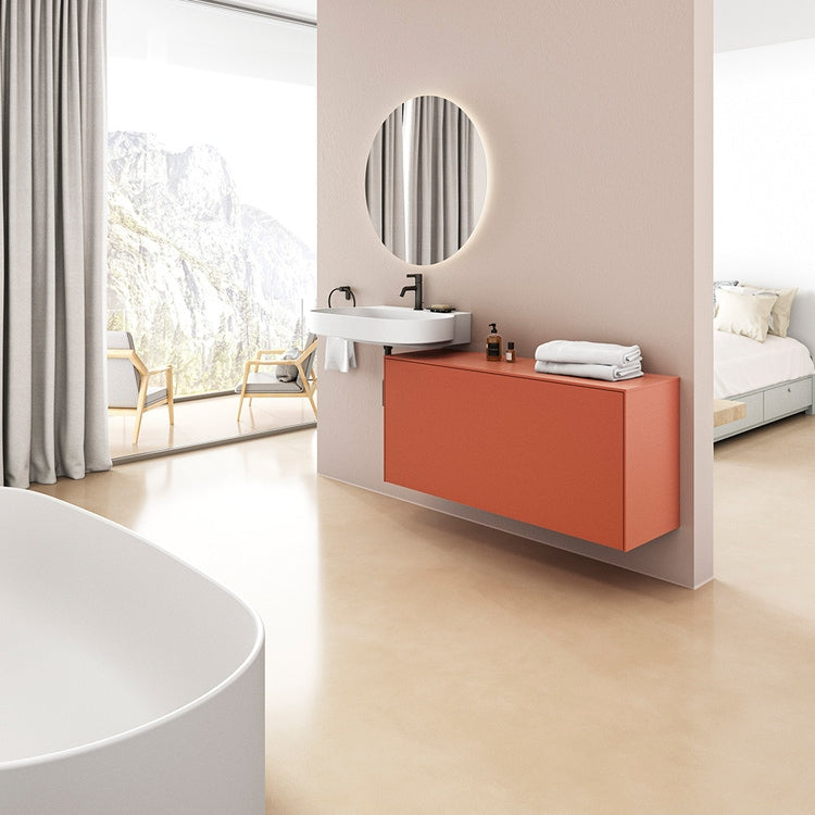 Ideal Standard Komplett-Badlösung, hängende Sanitäranlagen, Waschbecken 75 cm, Weiß glänzende Oberfläche, Unterschrank 120 cm, Sunset-Farbe matte Oberfläche, Armaturen magnetisch-graue Oberfläche SING4