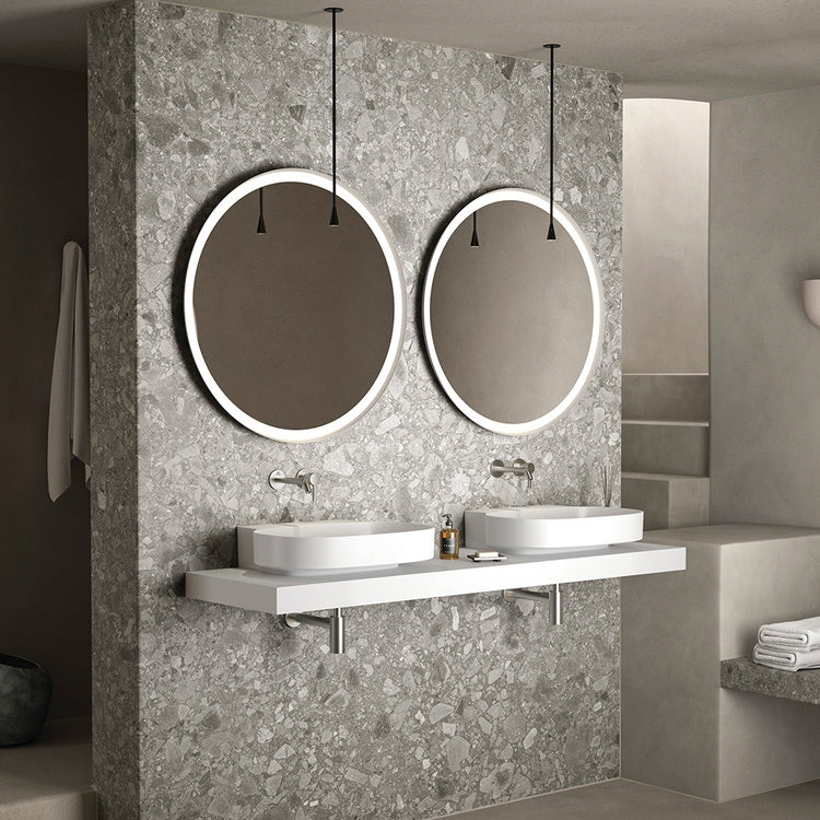 Ideal Standard Ideale Standard-Badezimmerlösung: Doppelwaschbecken 60 cm im Regal 180 cm, weiße glänzende Lackierung, rechteckige Dusche 120x90 cm, betongraue Mattstein-Lackierung, silberne Storm-Finish Wasserhähne SING10