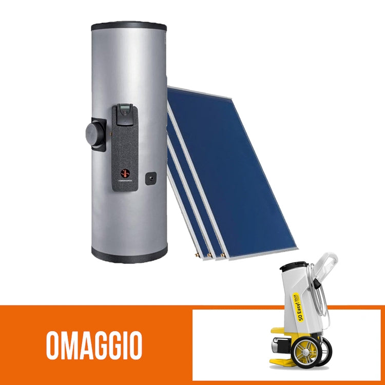 Sonnenkraft Solar mit Zwangszirkulation mit 3 Kollektoren SK500 Fläche 7,5 m² und Trinkwarmwasser-Speicher 500 l + Gratis Fppro Laderpumpe mit Behälter und flexiblen Schläuchen 230V, 50 m Förderhöhe 2642+FPPRO