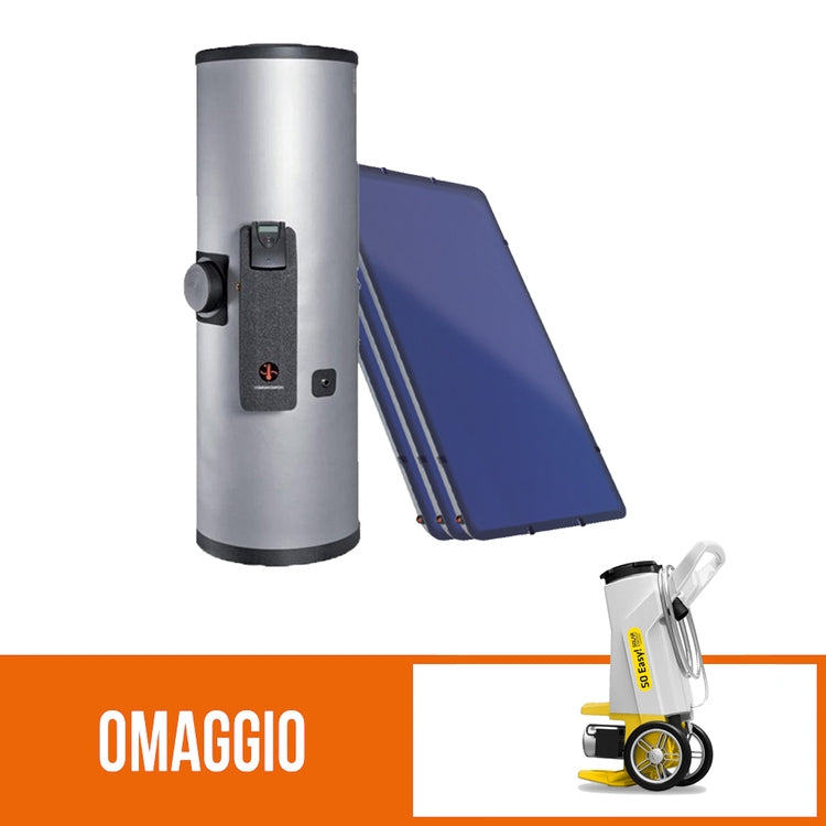 Sonnenkraft Solar mit Zwangsumlauf mit 3 SKR Kollektoren, Fläche 7,5 m², und 500 l Trinkwarmwasser Speicher + Geschenk Fppro Ladespumpe mit Behälter und flexiblen Schläuchen 230V, 50 m Förderhöhe COMPACT KIT SKR 3617+FPPRO