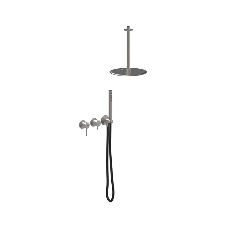 Flaminia Duschset mit Einhebelmischer zum Einbau mit enthaltenem Einbaukörper, Umsteller, runder Deckenbrausekopf und Handbrause, gebürstete Stahloberfläche STIL ST2551ACC