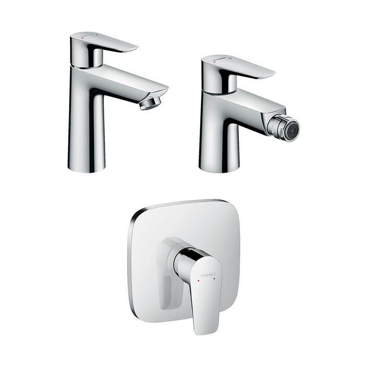 Hansgrohe Armaturen-Set mit Waschtischmischer mit Ablauf, Bidetmischer mit Ablauf, Einhebel-Duschmischer zum Einbau und Einbaukörper, Chromoberfläche TALIS E SETALE004