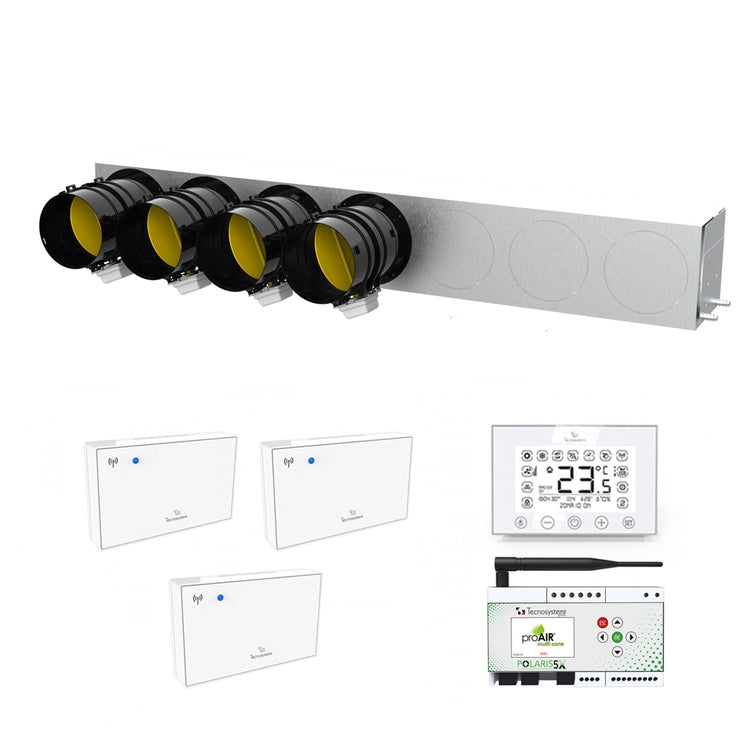 Tecnosystemi Kit für Multi-Zonen-Management, mit Plenum aus isoliertem Blech, 1 Discovery 3X Chronothermostat, 3 LEM 3X RF Raumfühler und Polaris 5X Steuerungseinheit, Klappe Ø 15 cm PROAIR PACK RF AMBRA 4L GAD400420