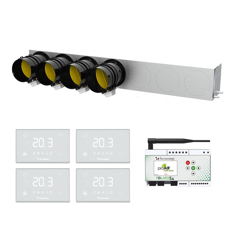Tecnosystemi Kit für Multi-Zonen-Steuerung, mit Gehäuse aus isoliertem Blech, 4 Mini-LED-Thermostate und Steuerungseinheit Polaris 5X, Klappe Ø 20 cm PROAIR PACK RF AMBRA 4L GAD400512