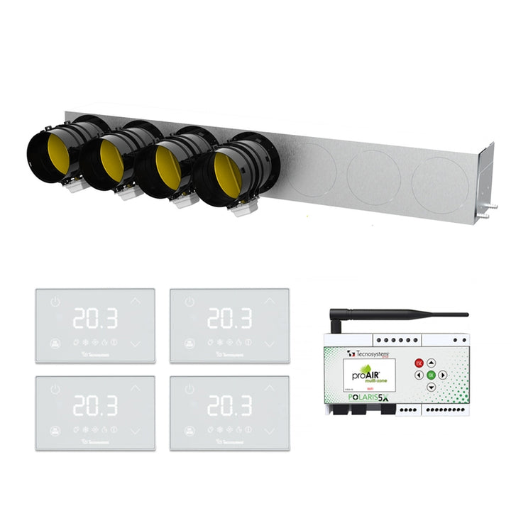 Tecnosystemi Kit für Multi-Zonen-Steuerung, mit Gehäuse aus isoliertem Blech, 4 Mini-LED-Thermostate und Steuerungseinheit Polaris 5X, Klappe Ø 20 cm PROAIR PACK RF AMBRA 4L GAD400512