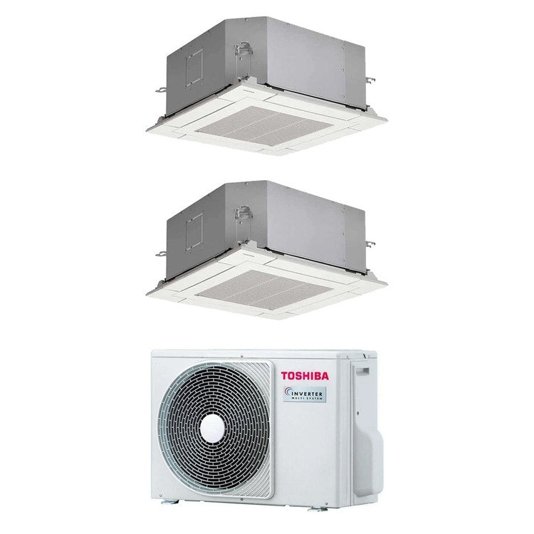 Toshiba 2-fach-Split-Klimagerät 4-Wege-Kassette 60x60, Inverter – Außengerät R32 4 kW, Innengeräte 10000+13000 BTU RAS-2M14G3AVG-E+RAS-M[10|13]S4MUVG-E