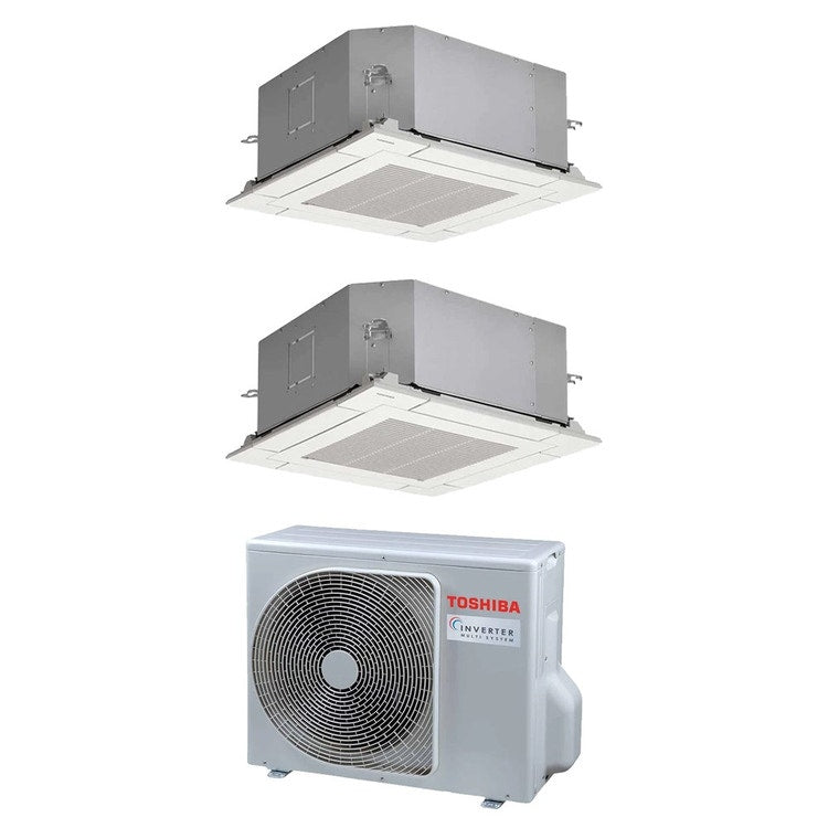 Toshiba 2-fach-Split-Klimagerät 4-Wege-Kassette 60x60, Inverter – Außengerät R32 5,2 kW, Innengeräte 10000+10000 BTU RAS-2M18G3AVG-E+RAS-M[10|10]U2MUVG-E